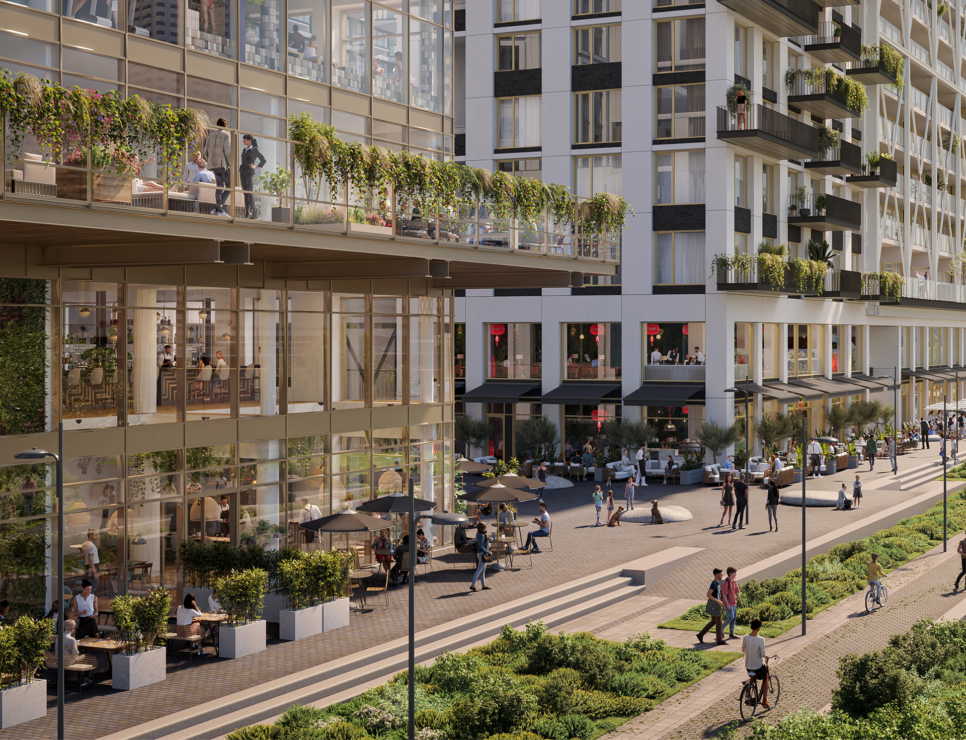 Terrassen en horeca tussen de gebouwen van The View of Rotterdam