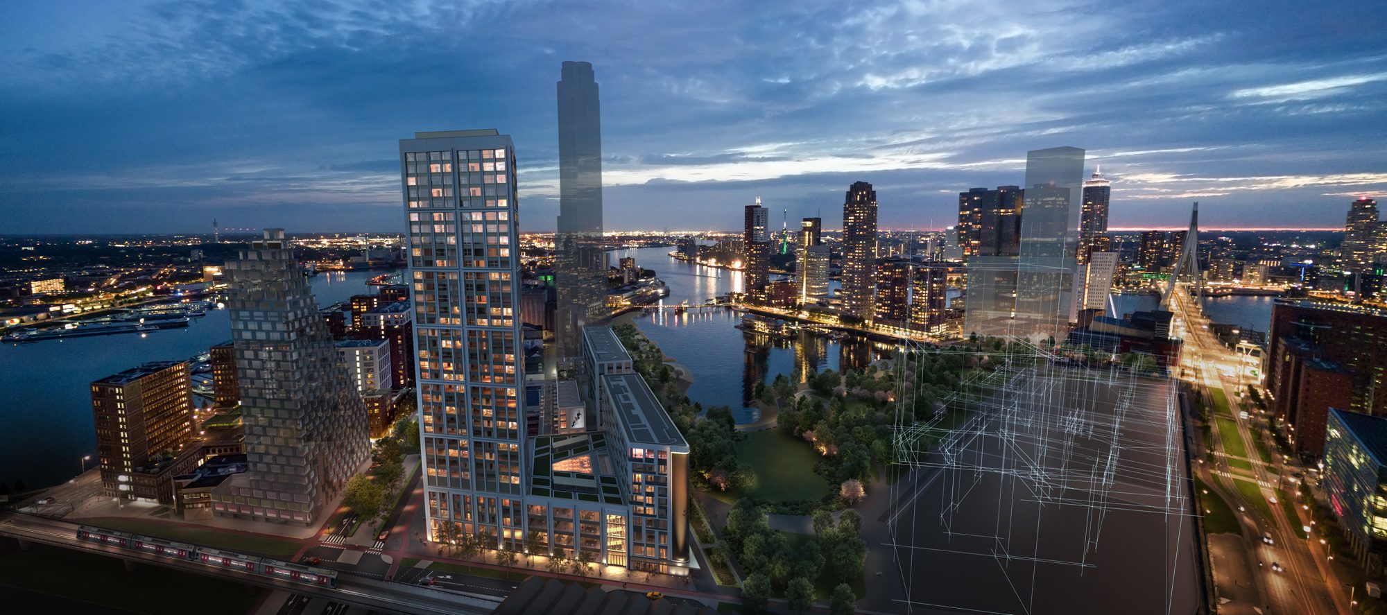 The View of Rotterdam aan de Rijnhaven bij avondschemering