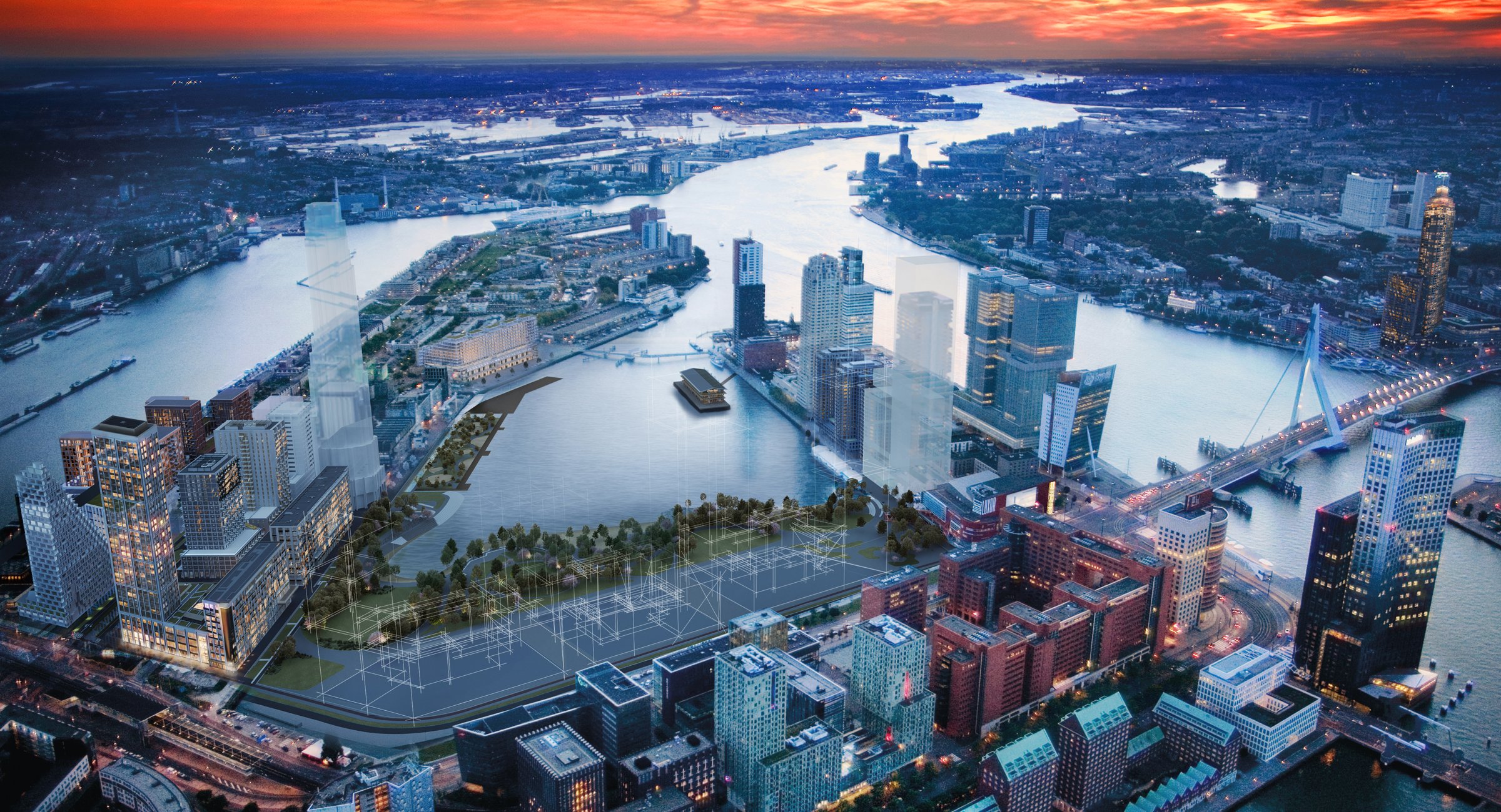 Luchtfoto van The View of Rotterdam en de Rotterdamse skyline bij avondschemering