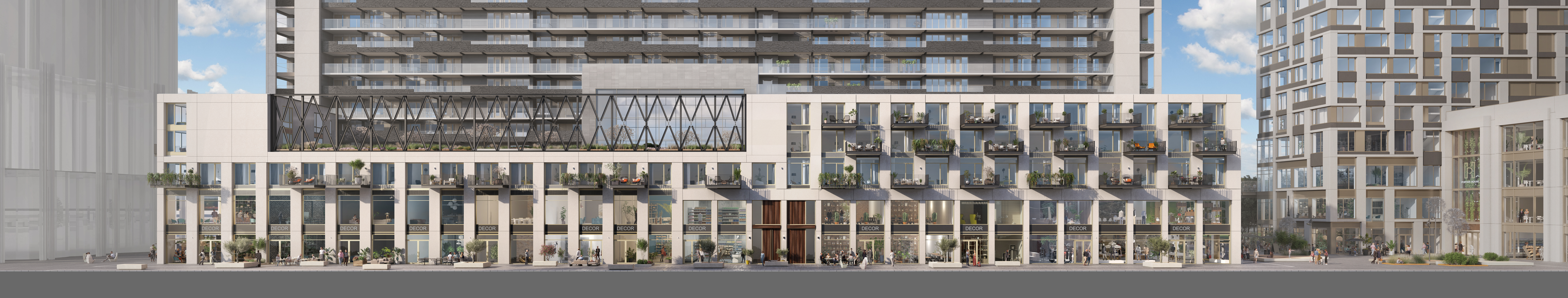 Gevelaanzicht van de retailunits aan de Bundweg